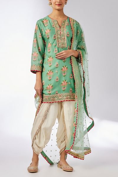 Mint floral print embroidered kurta set