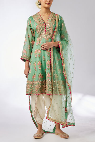 Mint floral printed embroidered kurta set