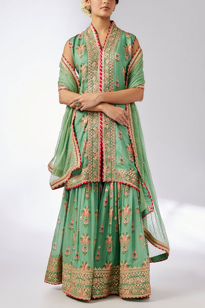 Mint floral printed embroidered sharara set