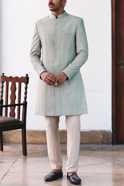 Mint geometric embroidered sherwani set