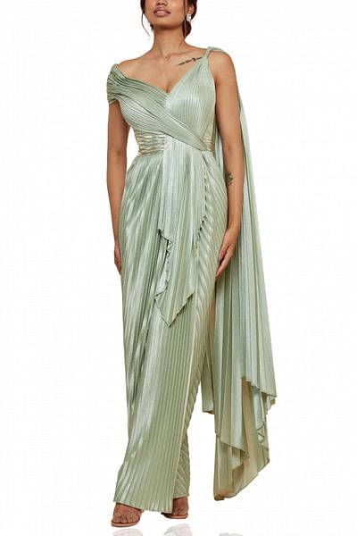 Mint green bead detail pleated sari gown