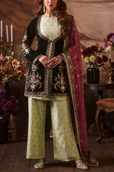 Mint green brocade kurta and velvet jacket set