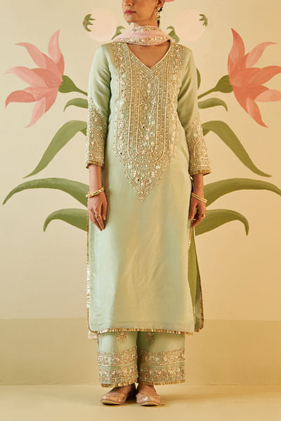 Mint green dabka embroidery choga set
