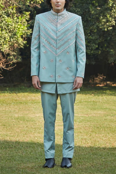 Mint green embroidered bandhgala set