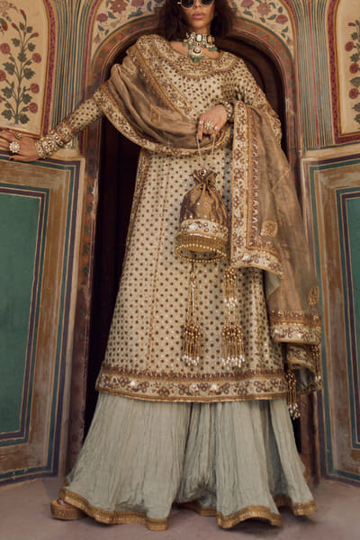 Mint green embroidered kurta and lehenga set