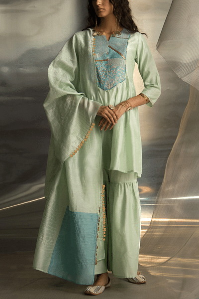 Mint green embroidered kurta and sharara set