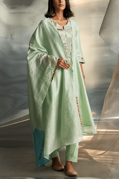 Mint green embroidered kurta set