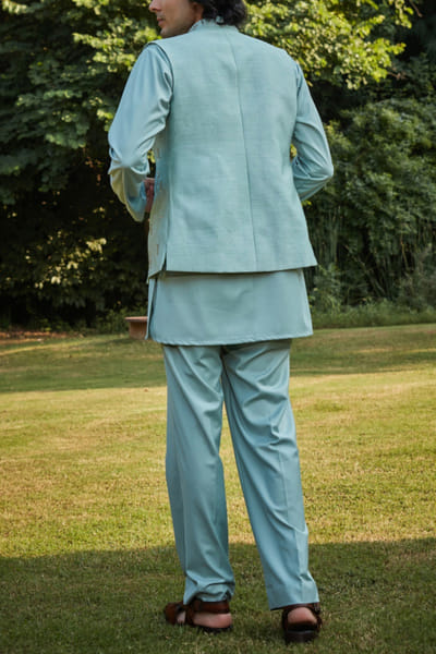 Bohame Mint green embroidered nehru jacket set BOHDEC24D21985