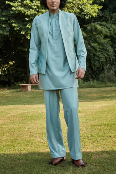 Bohame Mint green embroidered nehru jacket set BOHDEC24D21985