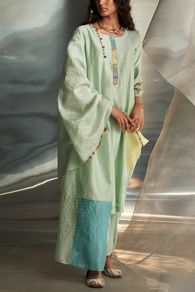 Mint green embroidered pintuck kurta set
