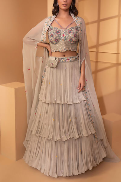 Mint green embroidery layered lehenga set