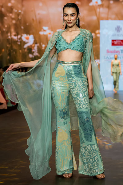 Mint green floral embroidered cape set