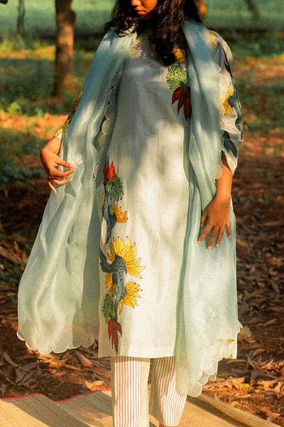 Mint green floral embroidered kurta set