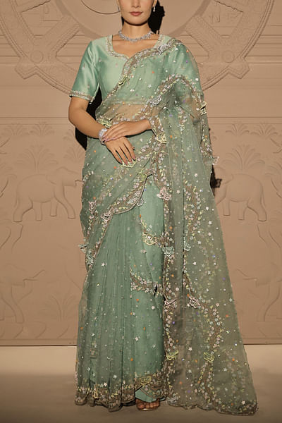 Mint green floral embroidered sari set