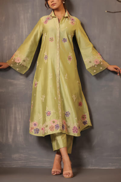 Niti Bothra Mint green floral embroidered shirt kurta set NITMAY2416