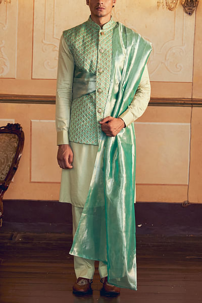 Mint green floral jacquard bandi kurta set