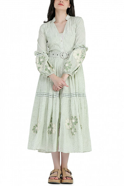 Mint green floral print tiered dress.