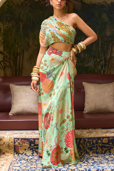 DiyaRajvvir Mint green floral printed drape skirt set DIYJUL2413