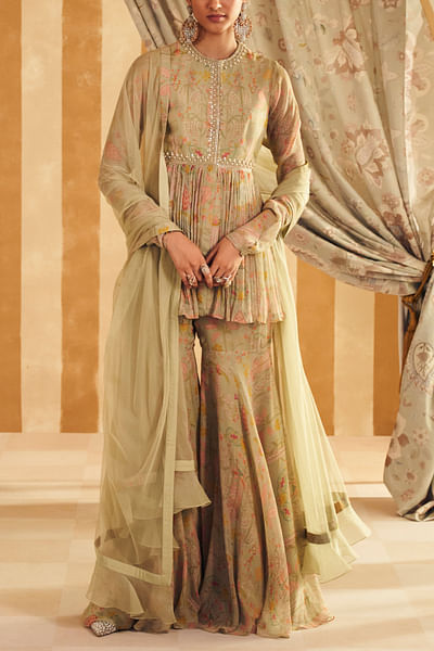 Mint green floral printed gharara set