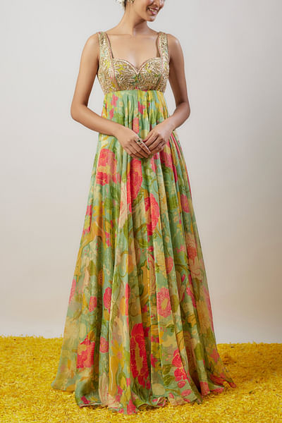 Mint green floral printed gown