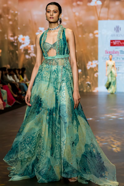Mint green floral printed gown set