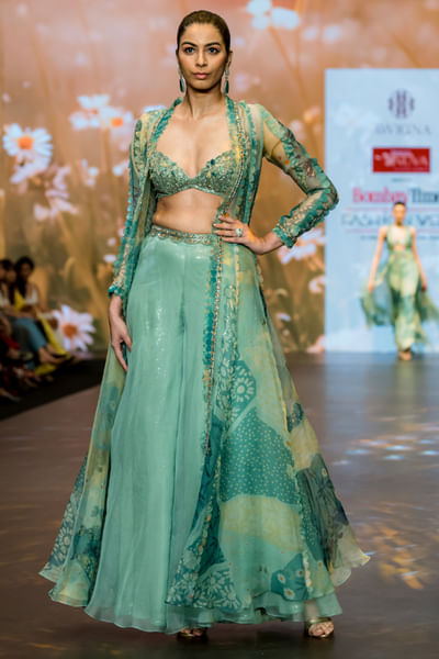 Mint green floral printed jacket set