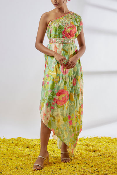 Mint green floral printed one-shoulder dress