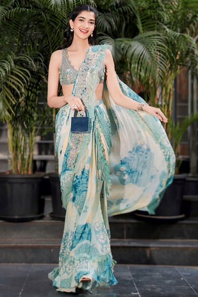 Mint green floral printed pre-draped sari set