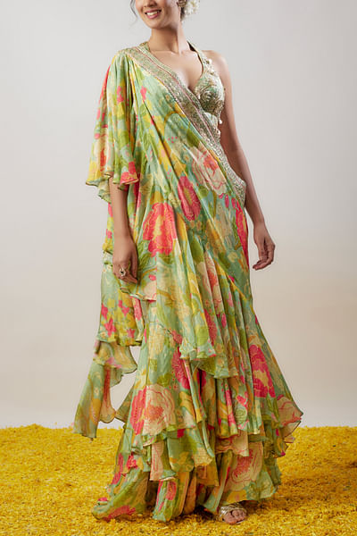 Mint green floral printed ruffle layered sari set