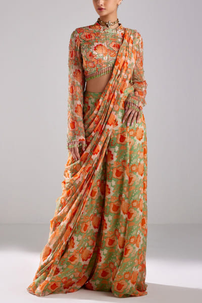 Mint green floral printed sharara sari set