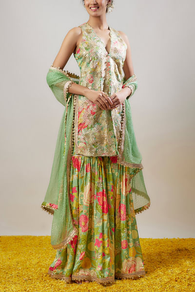 Mint green floral printed sharara set