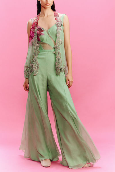 Mint green floral printed shrug and jumpsuit