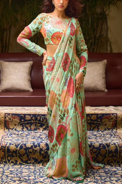 Mint green floral printed skirt sari set
