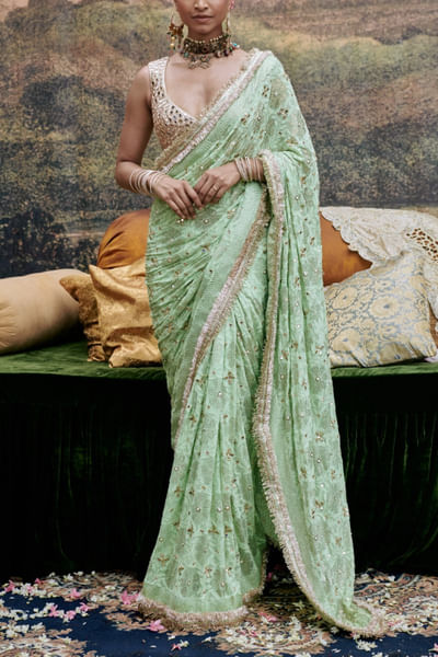 Mint green Lucknowi sari set