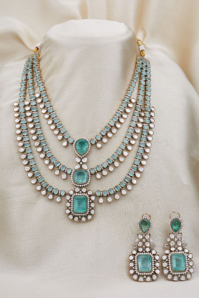 Mint green moissanite polki layered necklace set