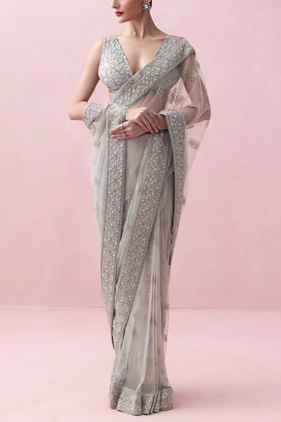Mint green motif embellished sari set