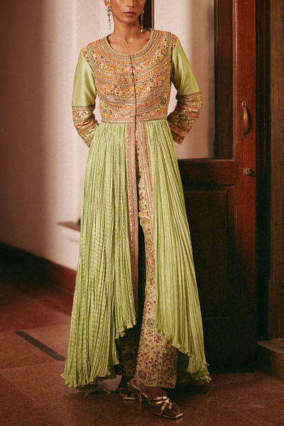 Mint green printed embroidered kurta set