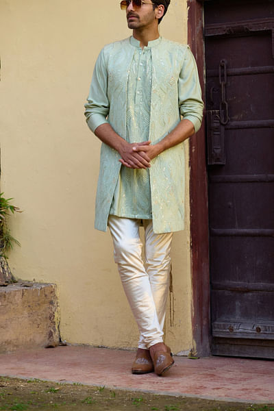Mint green sequin embroidered bandi kurta set