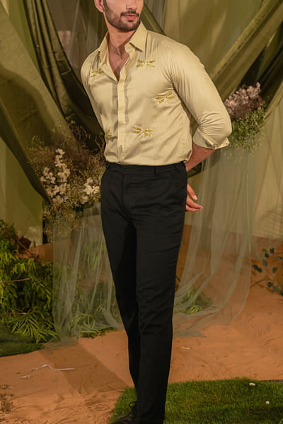 Mint khaki vegan silk embroidered shirt