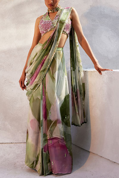 Mint printed pre-draped sari set