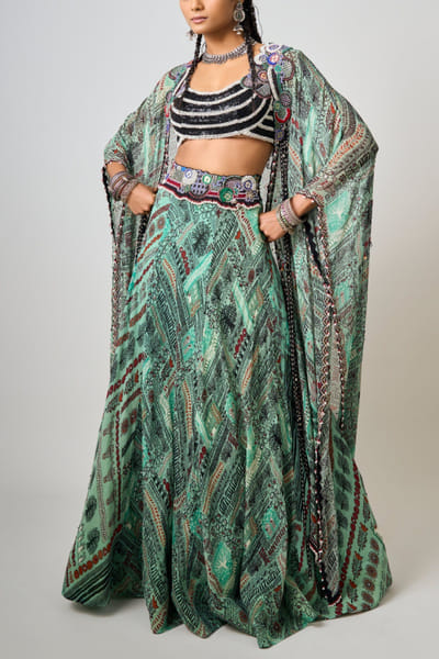 Nupur Kanoi Mint tribal printed kaftan jacket and lehenga set NUKNOV24D222