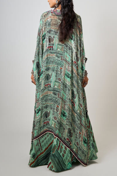 Nupur Kanoi Mint tribal printed kaftan jacket and lehenga set NUKNOV24D222