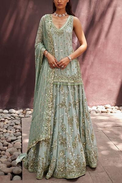 Mint zardozi embroidered kurta and lehenga set