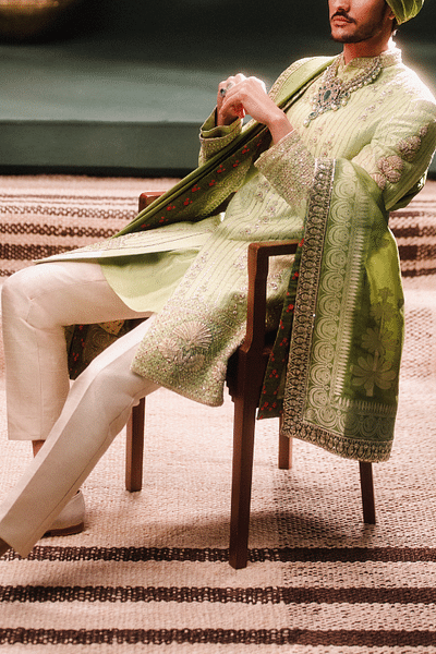 Mint zardozi embroidered sherwani set