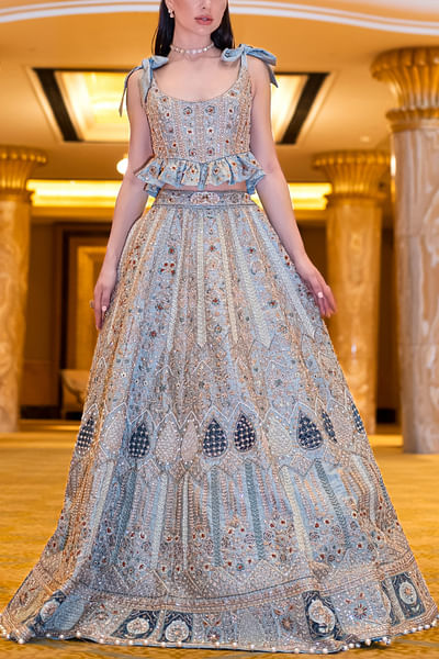 Minty sage green floral embroidery lehenga set