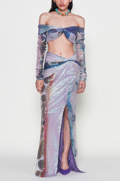 Mist purple polka print sequin skirt set