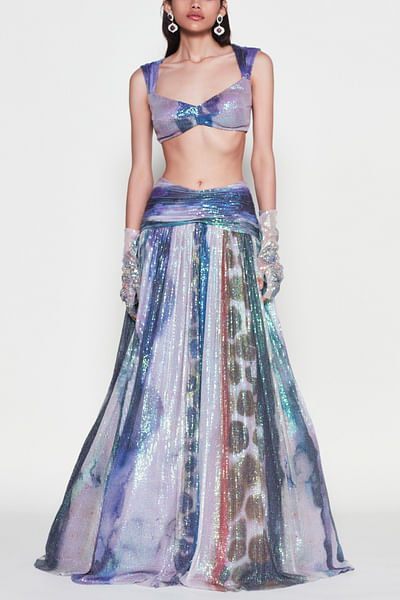 Mist purple watercolour print sequin lehenga set