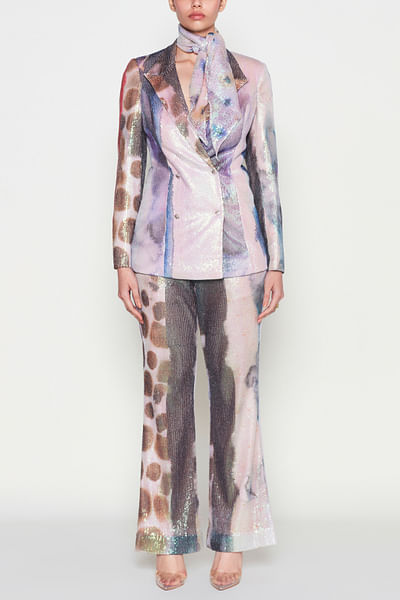 Mist purple watercolour print sequin pant suit