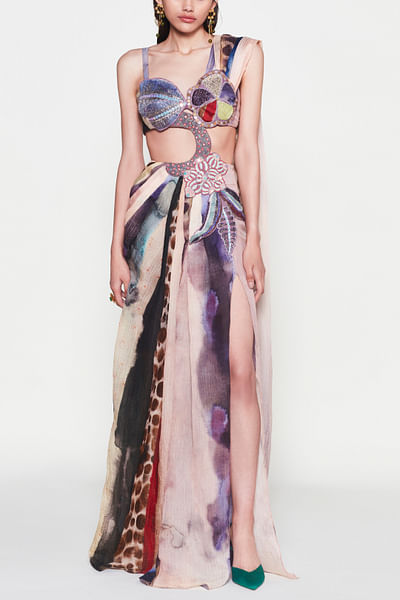 Mist purple watercolour printed concept sari