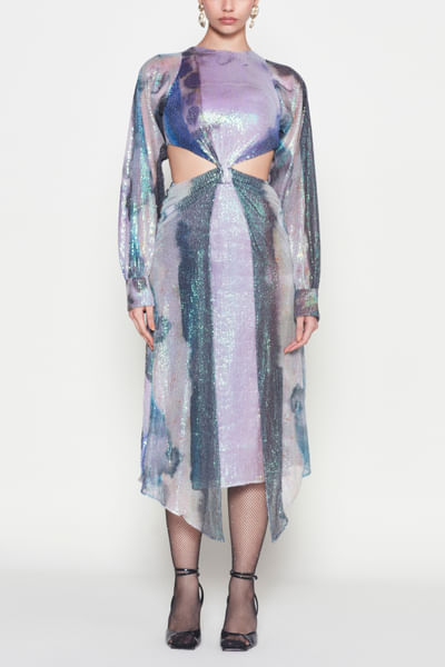 Mist purple watercolour printed sequinned dress